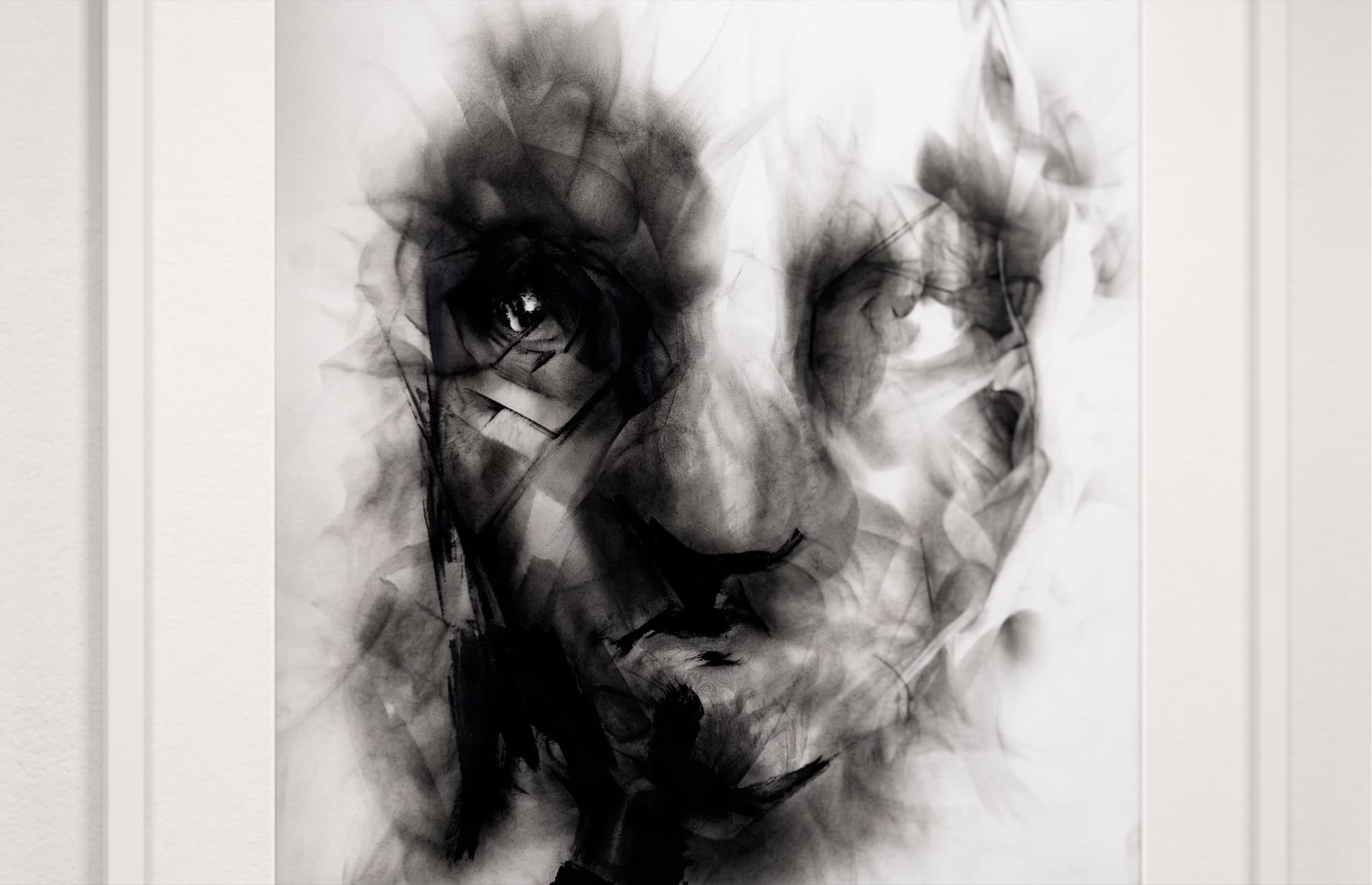 Smoke Study I-III, a smoke and fire drawing of a face by Janke de Kock, worked with charcoal and oil