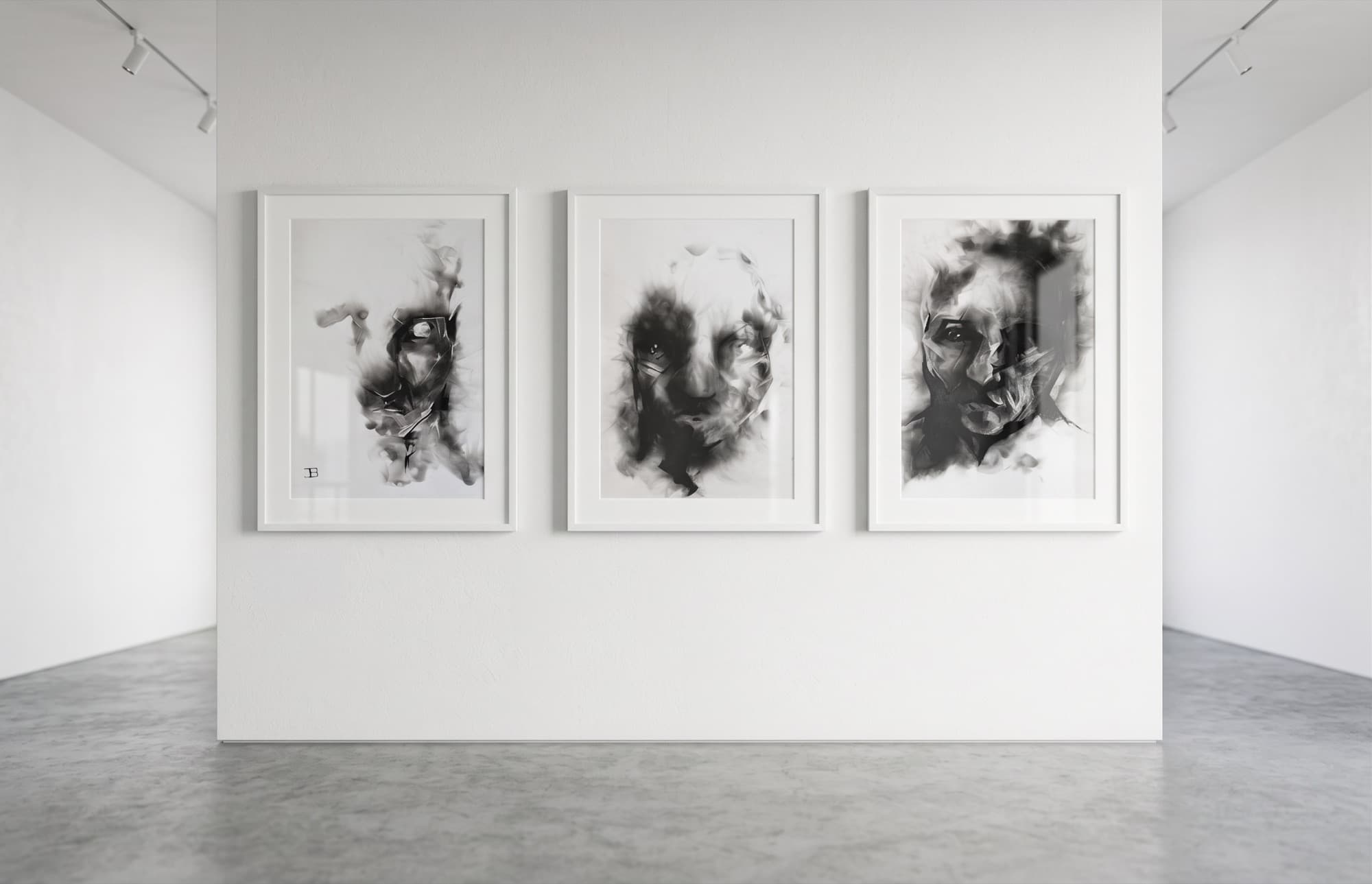 The studies shown framed together on a gallery wall