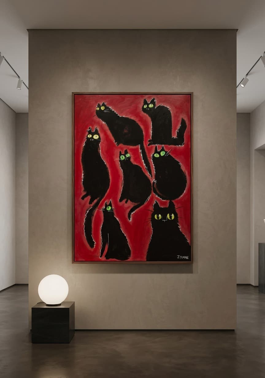 Katten op Rood shown framed on a gallery wall